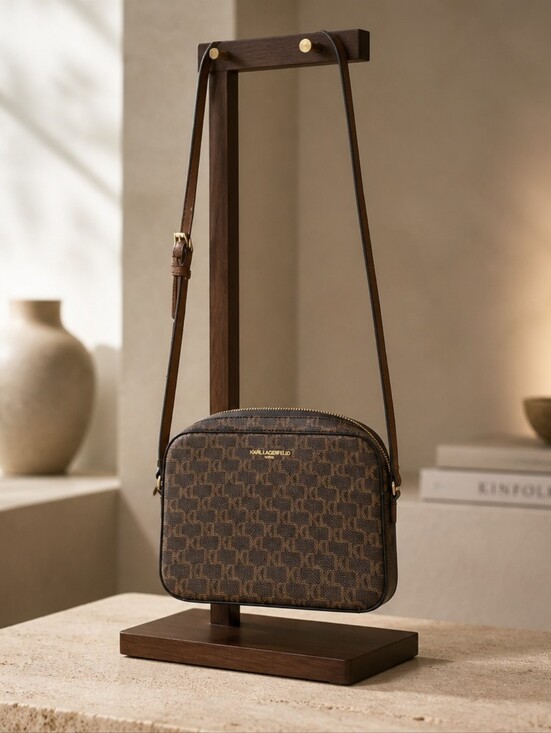 Karl Lagerfeld Handbags - Karl Lagerfeld Maybelle Crossbody Camera Bag Brown Monogram Logo Strap Adjusts
